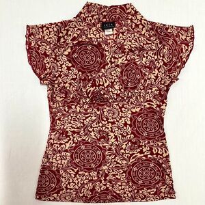 VTG 90s JKLA California Red Tan Botanical Print V Neck Top Sz S Fairy Boho Indie